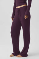 Sweater Knit Mid-Rise Unwind Wide Leg Pant Rich Bordeaux - Unmatched Supply-ALO