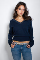 V-neck sweater with lace trim - Unmatched Supply-SUBDUED