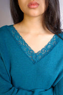 V-neck sweater with lace trim - Unmatched Supply-SUBDUED