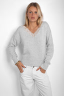 V-neck sweater with lace trim - Unmatched Supply-SUBDUED