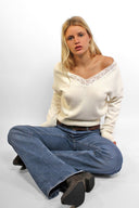 V-neck sweater with lace trim - Unmatched Supply-SUBDUED
