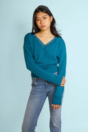 V-neck sweater with lace trim - Unmatched Supply-SUBDUED