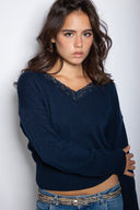 V-neck sweater with lace trim - Unmatched Supply-SUBDUED