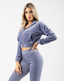 Velour Zip Hoodie - Dusty Blue - Unmatched Supply-Women's Velour Zip Jacket